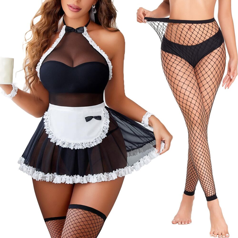 2757 Sexy Stockings Mini Dress Mesh Sheer Lace Costume Outfit, Large